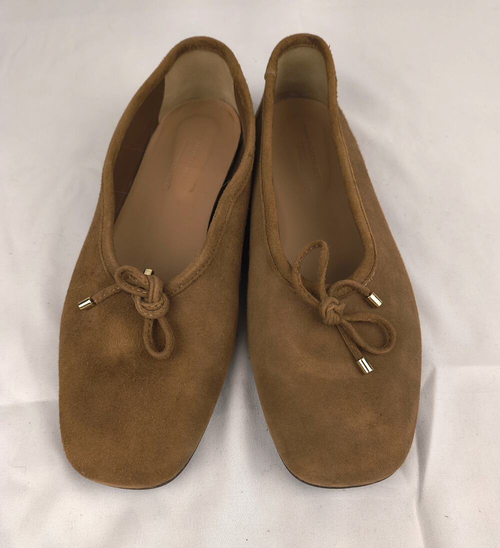 ARKET Tan Suede Square-Toe Ballet Flats with Bow Detail - Size 38